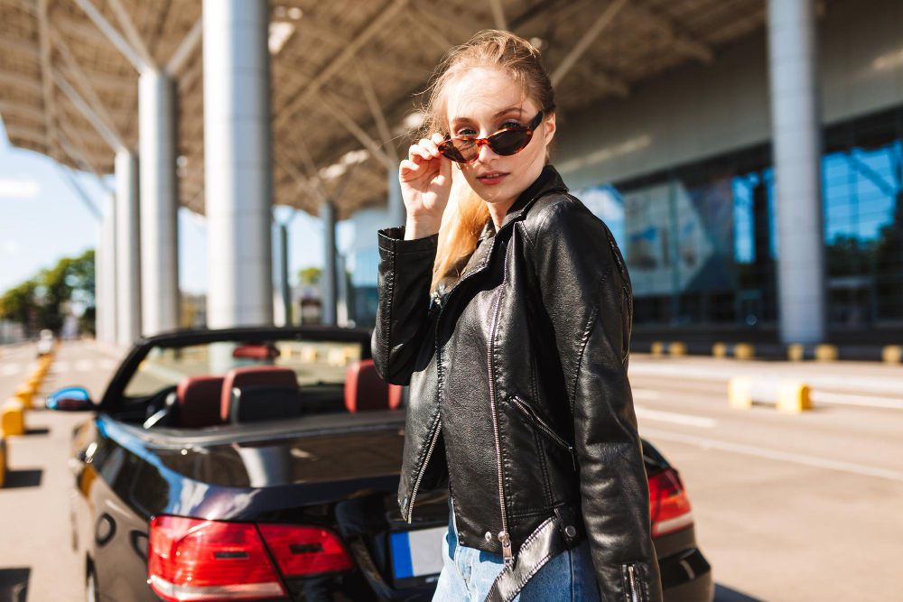 A person posing in front of a rental car at the airport. 