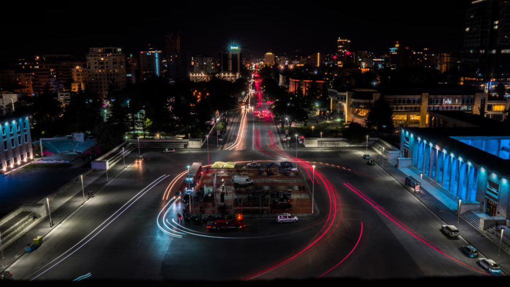 View of Tirana city at night. 